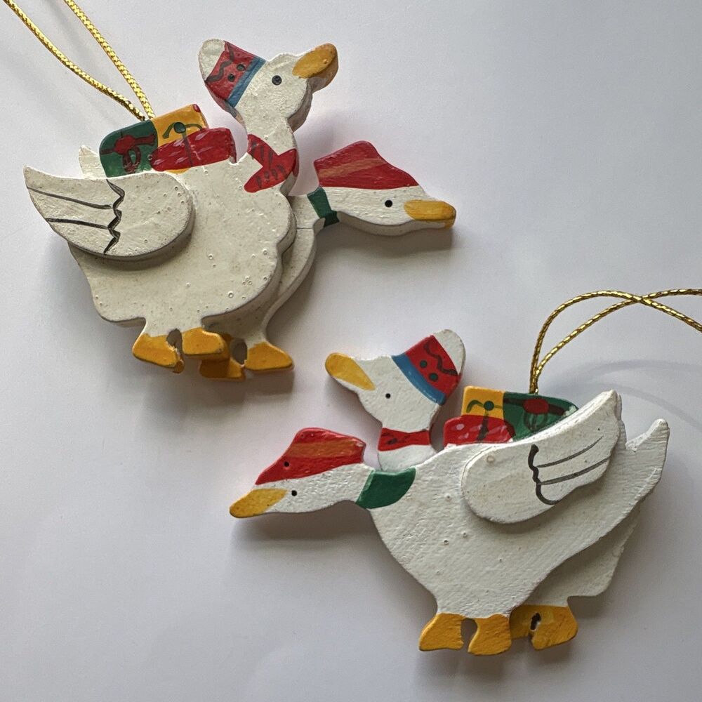 Hand Painted Ornaments 1980s Holiday Decor Duck Goose Cottagecore Country Rustic